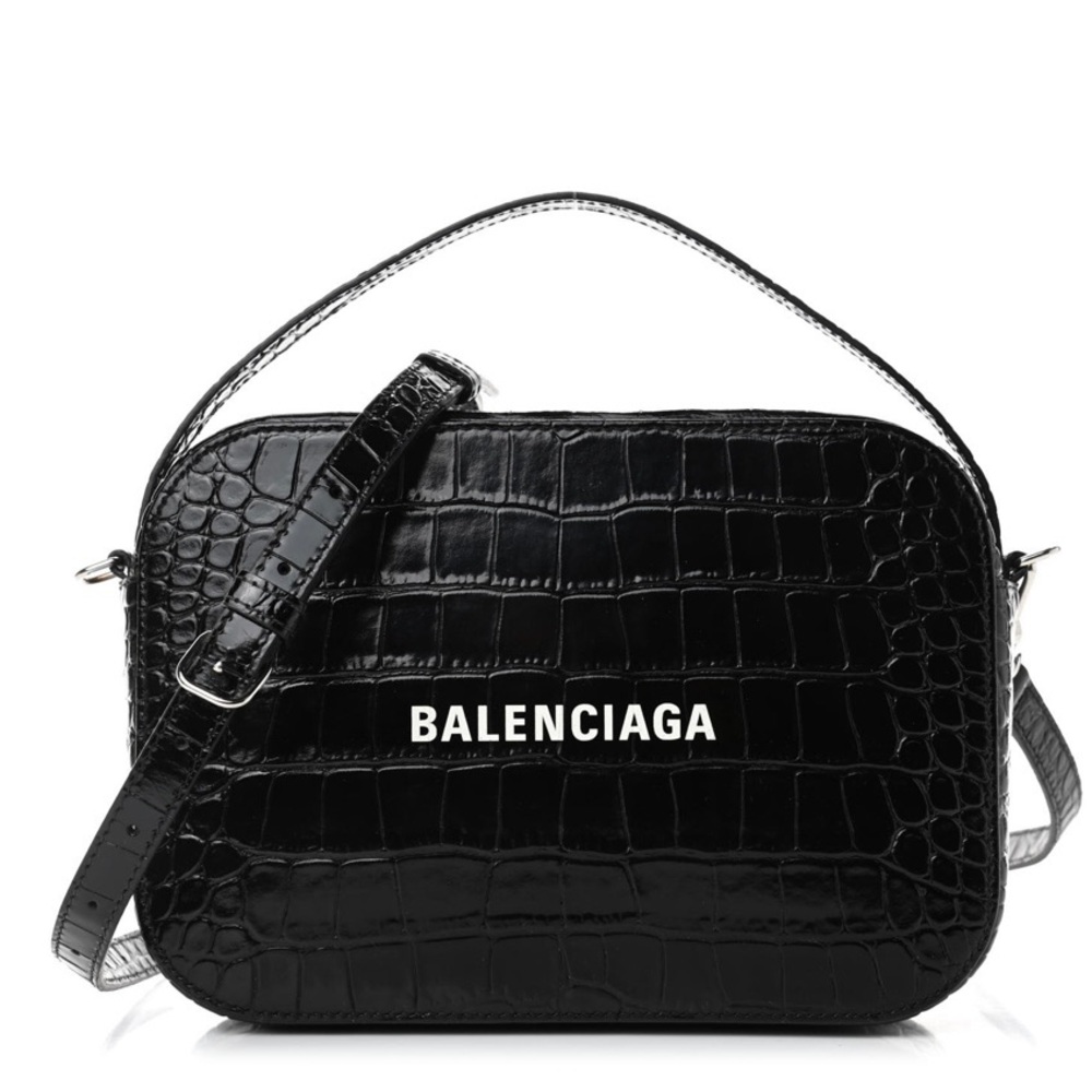 AUTHENTIC BALENCIAGA Crocodile Embossed Logo S Everyday Camera Bag in Black